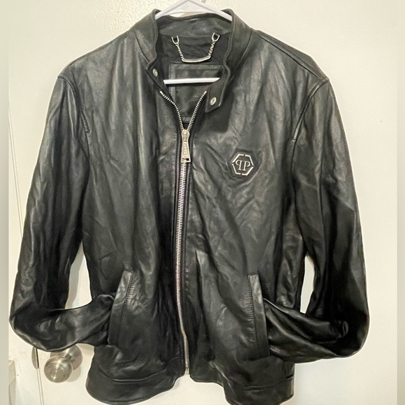 Philipp Plein Homme Limited Ed. full Zip Black Sheepskin Leather biker Jacket XL
